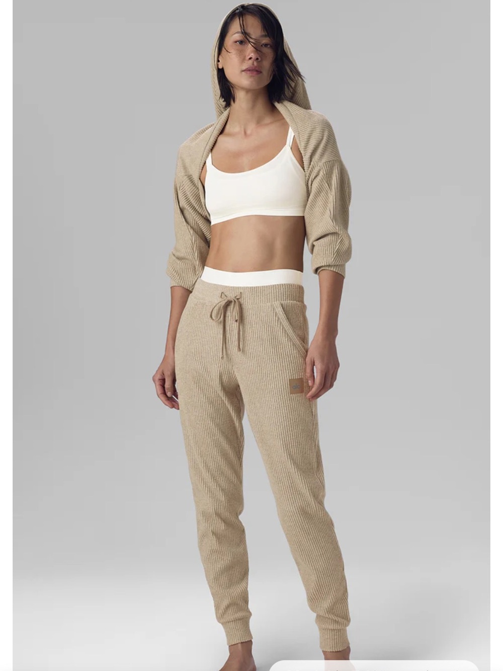 Muse Alo Ribbed Drawstring Jogger Pants in Beige